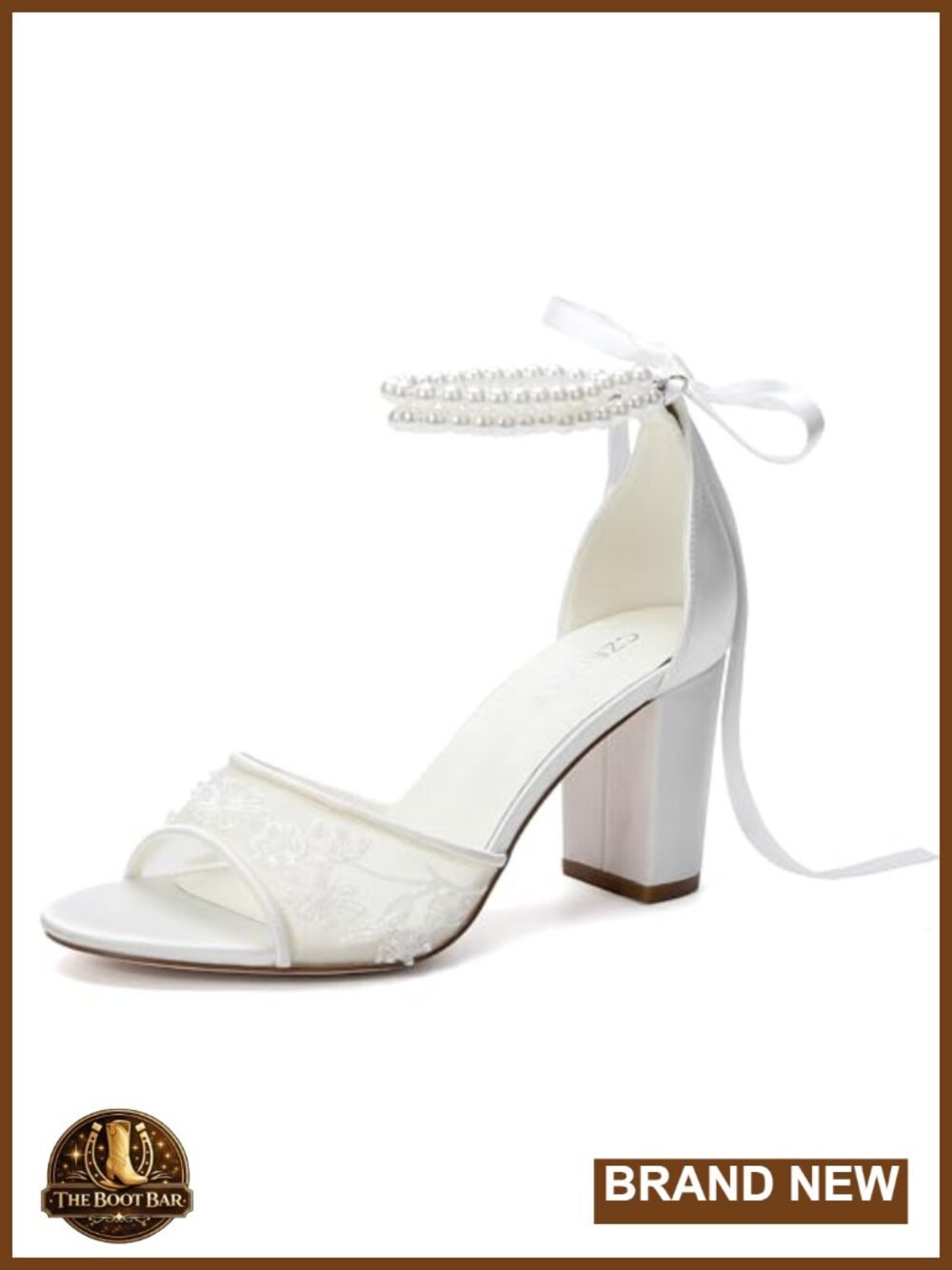 Bridal Sandals Lace Pearl Ankle Strap Block Heel Open Toe Wedding Shoes